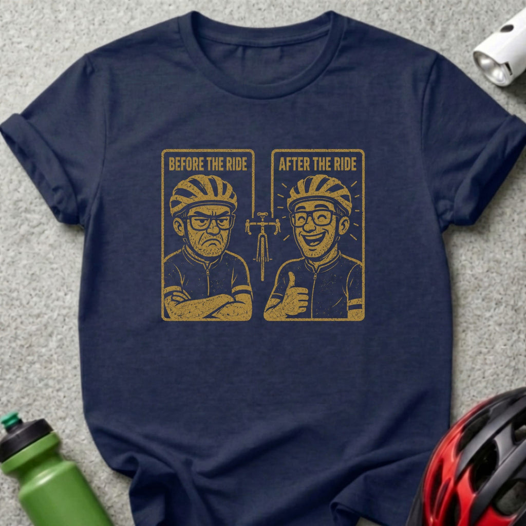 Dark blue t-shirt with distressed graphic: grumpy cyclist before, happy cyclist after ride.