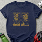 Dark blue t-shirt with distressed graphic: grumpy cyclist before, happy cyclist after ride.