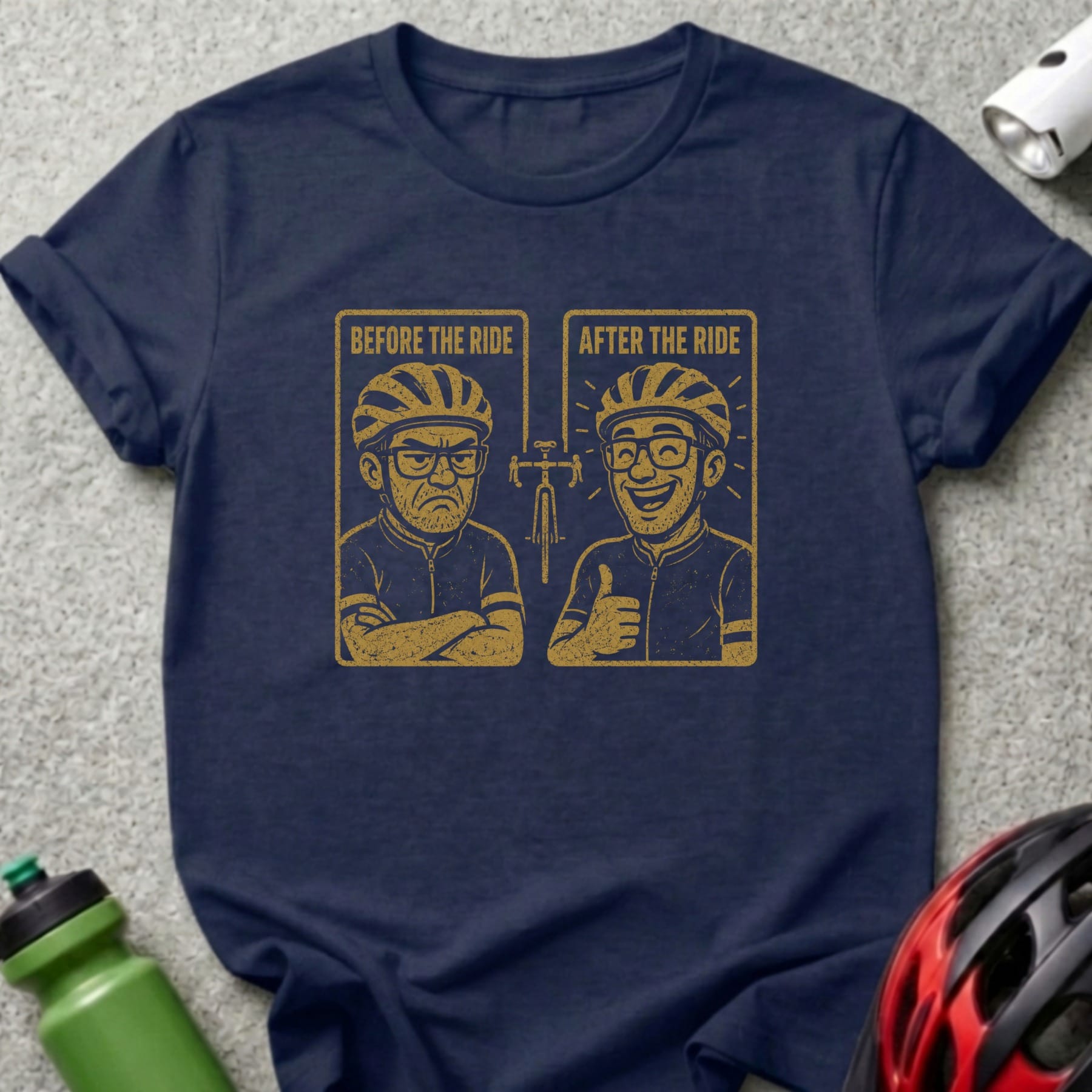 Dark blue t-shirt with distressed graphic: grumpy cyclist before, happy cyclist after ride.