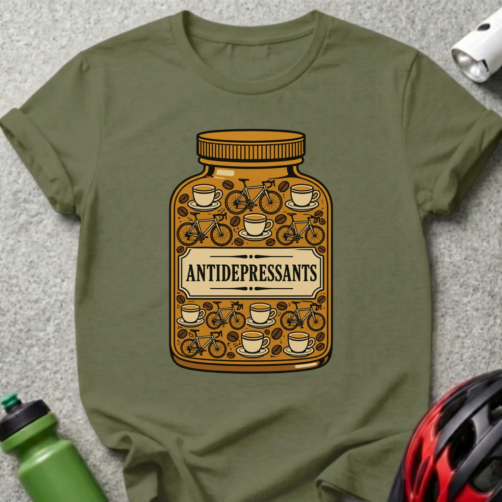 T-shirt with a bottle labeled "ANTIDEPRESSANTS" filled with coffee cups and bicycles.