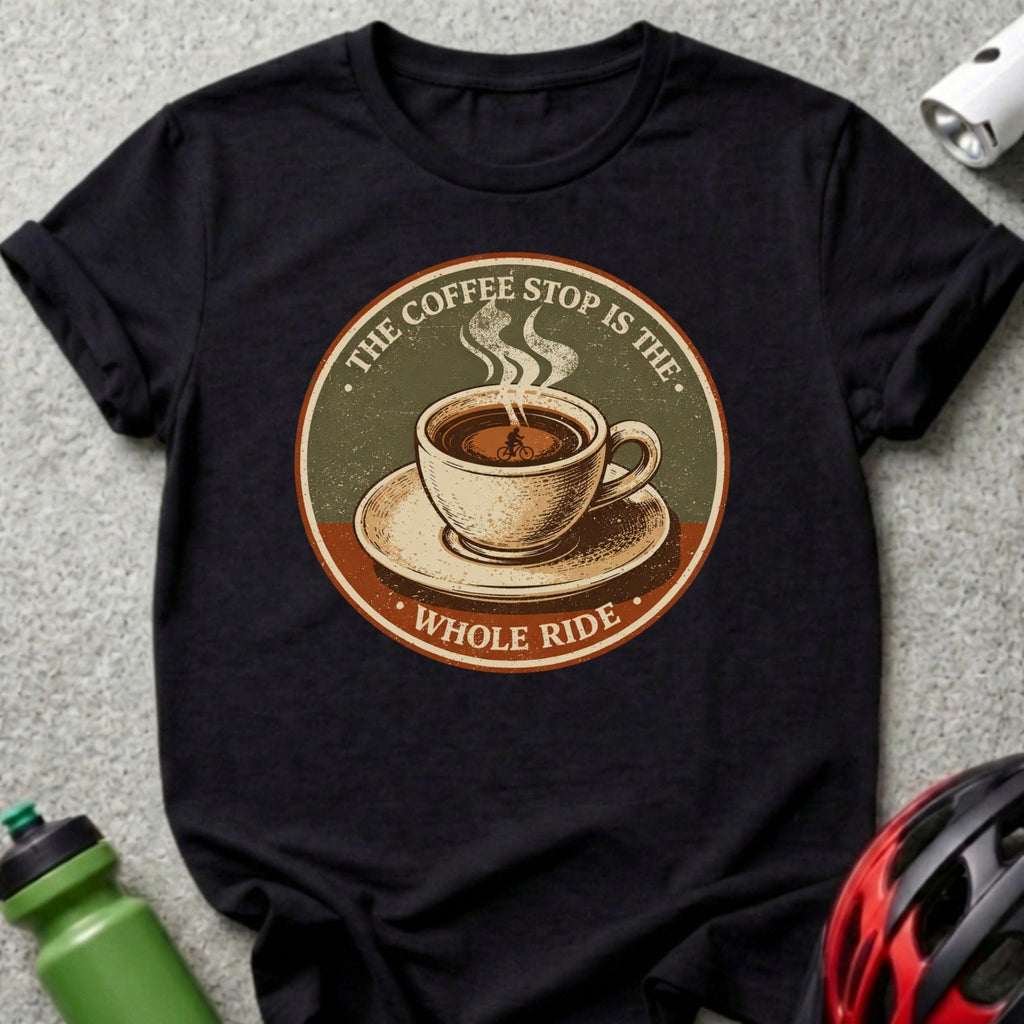 Black t-shirt with "The coffee stop is the whole ride" bicycle and coffee cup graphic.