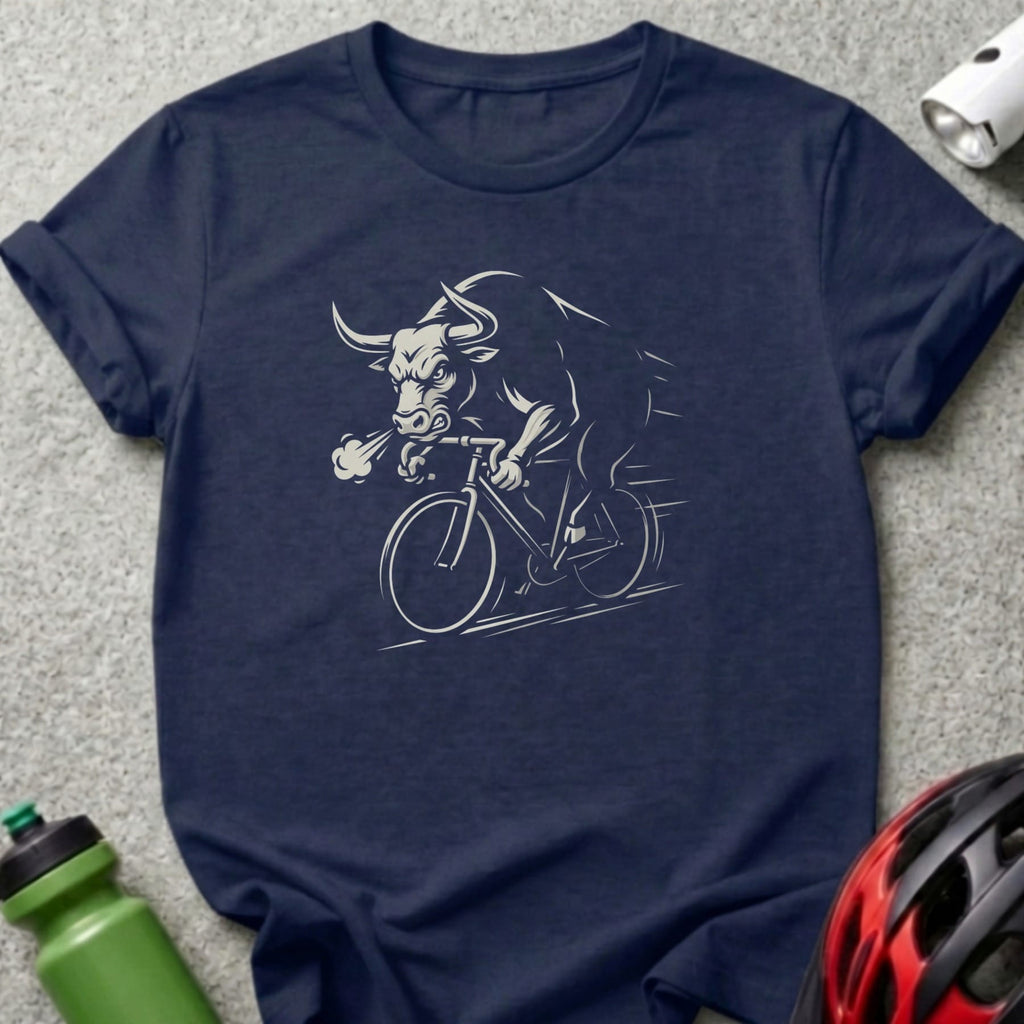 Bull on a bicycle, white outline on a dark blue t-shirt.