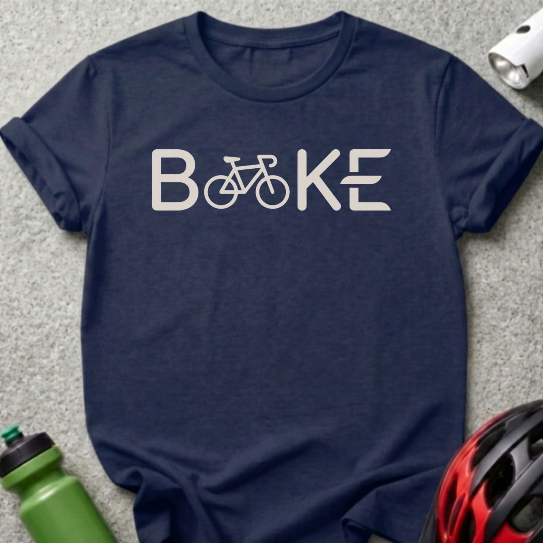 Dark blue t-shirt with "BIKE" text and a bicycle graphic.