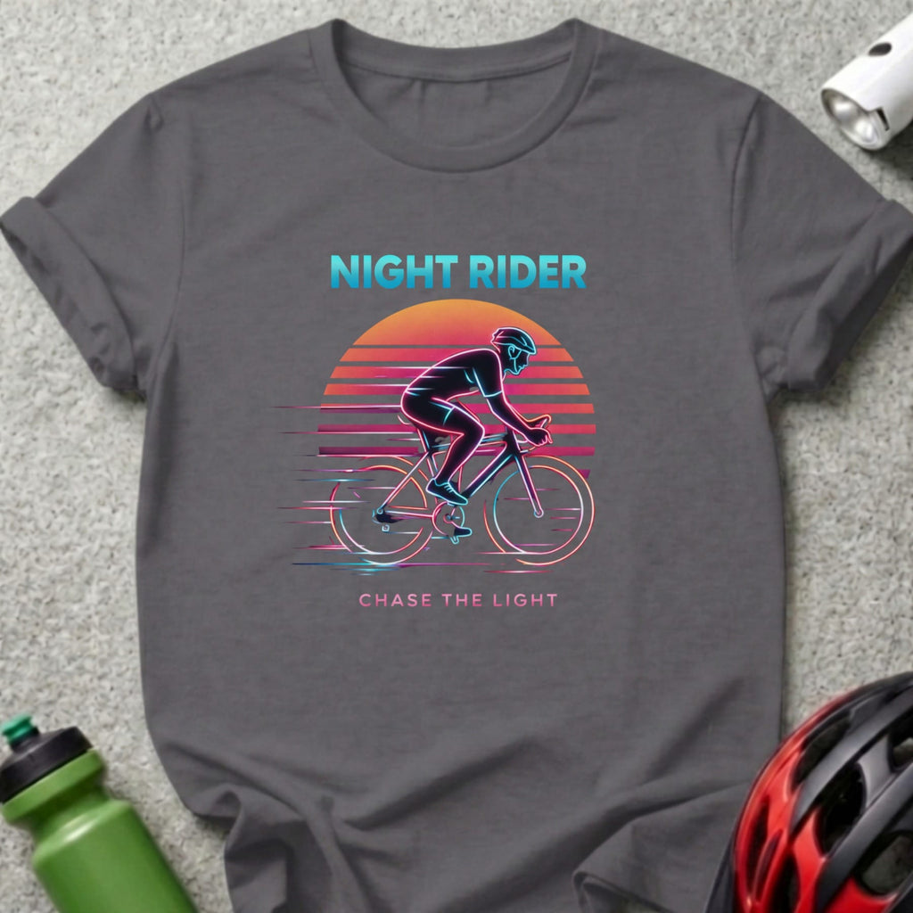 Dark t-shirt with neon graphic of cyclist riding in front of a sunset.