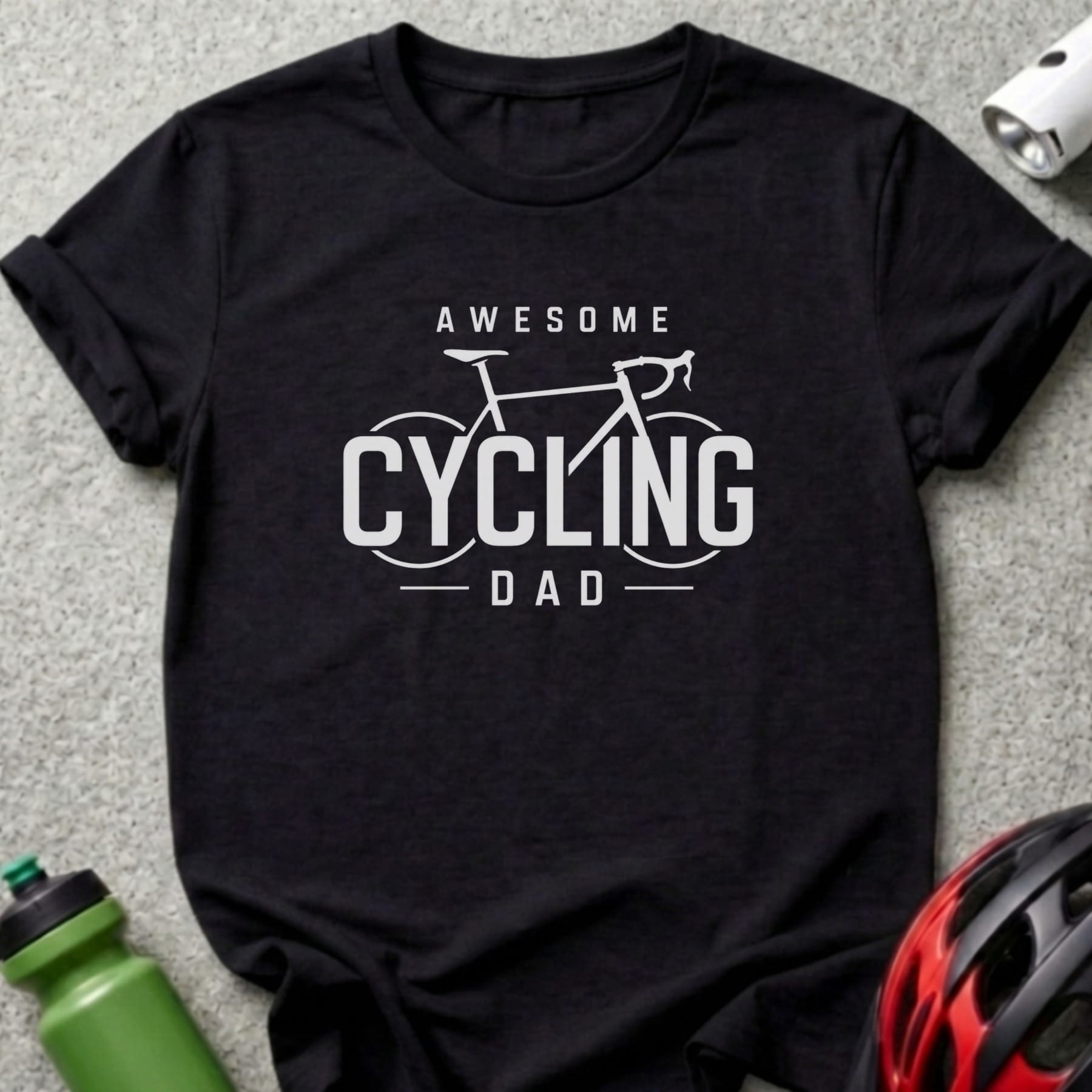 Black t-shirt with "Awesome Cycling Dad" and bicycle graphic.