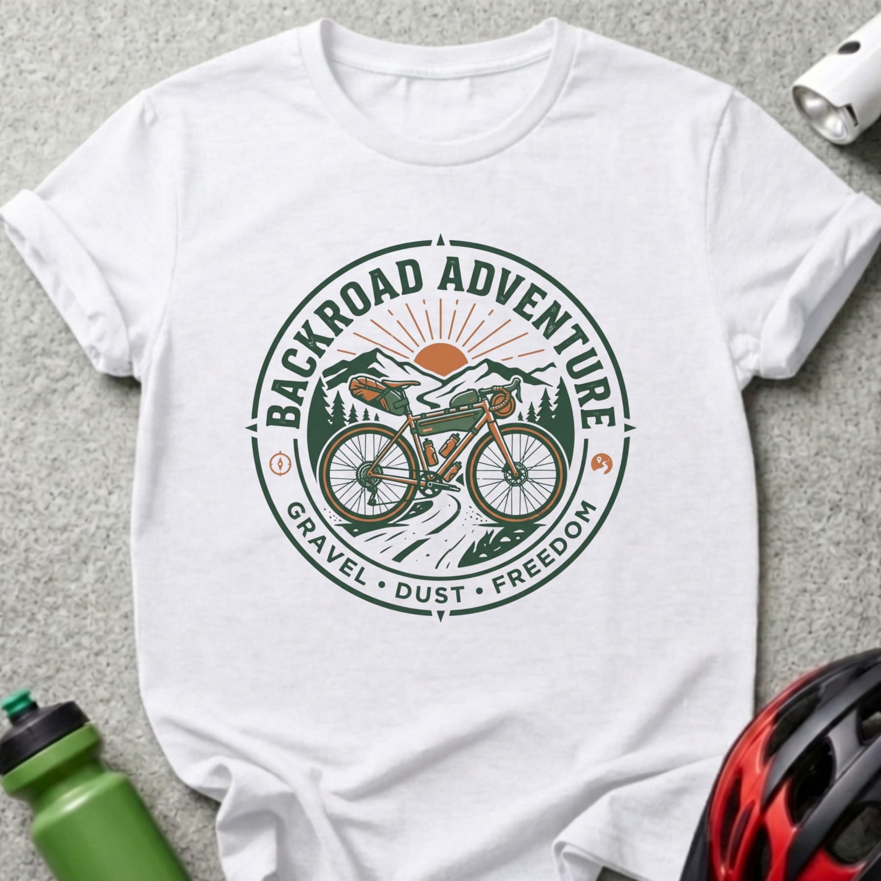 White t-shirt with "Backroad Adventure" circular logo and bicycle graphic.