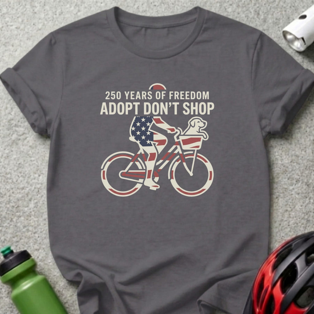 T-shirt graphic of person on bicycle with dog, "250 Years of Freedom Adopt Don't Shop".