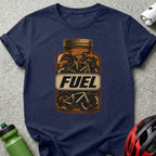T-shirt with "Fuel" text and bicycles inside a glass jar illustration.