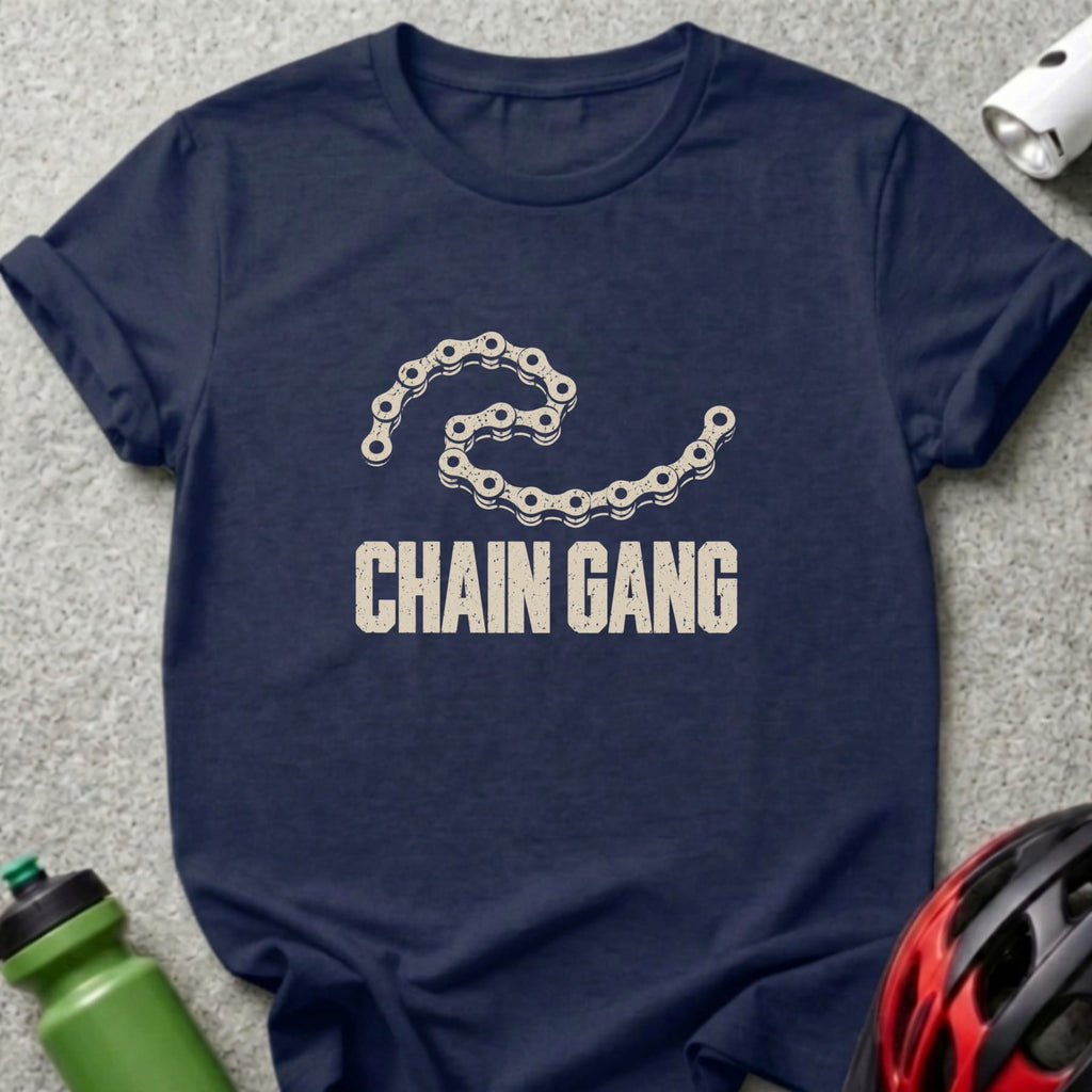 A navy blue t-shirt printed with the words "CHAIN GANG" and a bicycle chain graphic.