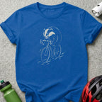 Blue t-shirt with a white illustration of a badger riding a bicycle.