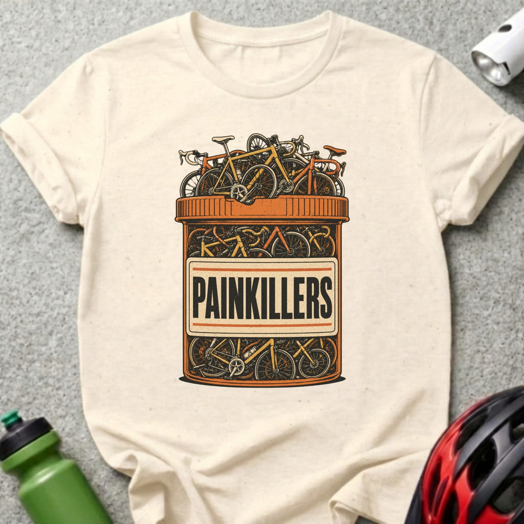 T-shirt graphic: pill bottle overflowing with bicycles, labeled "PAINKILLERS".
