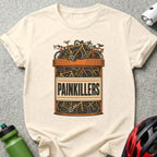 T-shirt graphic: pill bottle overflowing with bicycles, labeled "PAINKILLERS".
