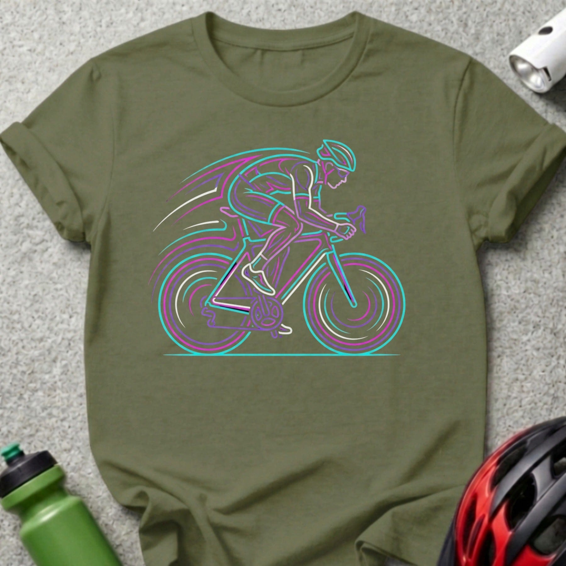 Neon Cyclist Design on Olive Green Shirt Product