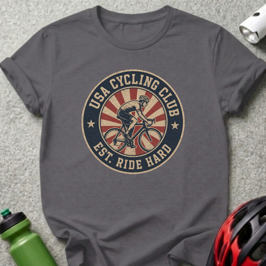 T-shirt with a circular "USA Cycling Club Est. Ride Hard" graphic featuring a cyclist.