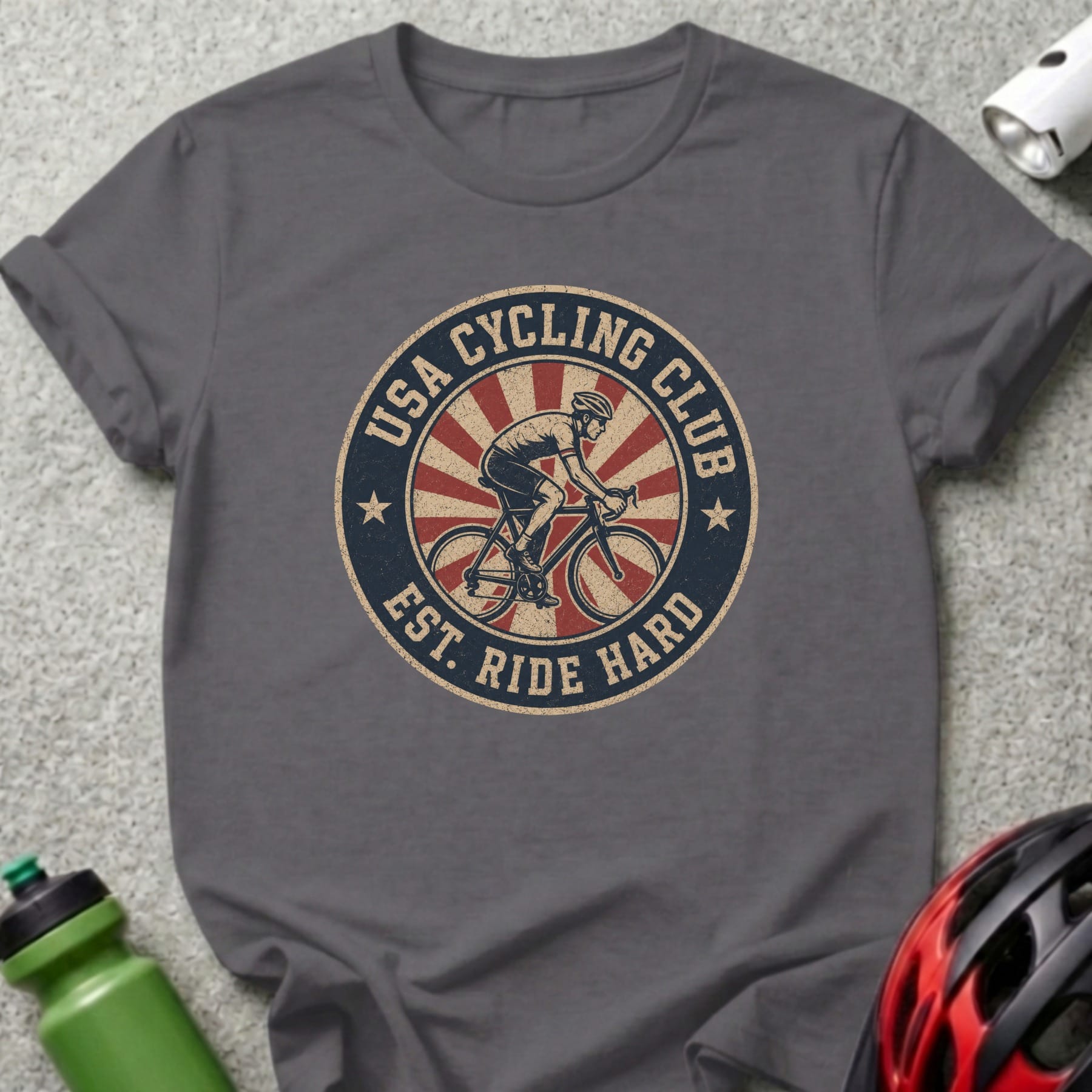 T-shirt with a circular "USA Cycling Club Est. Ride Hard" graphic featuring a cyclist.