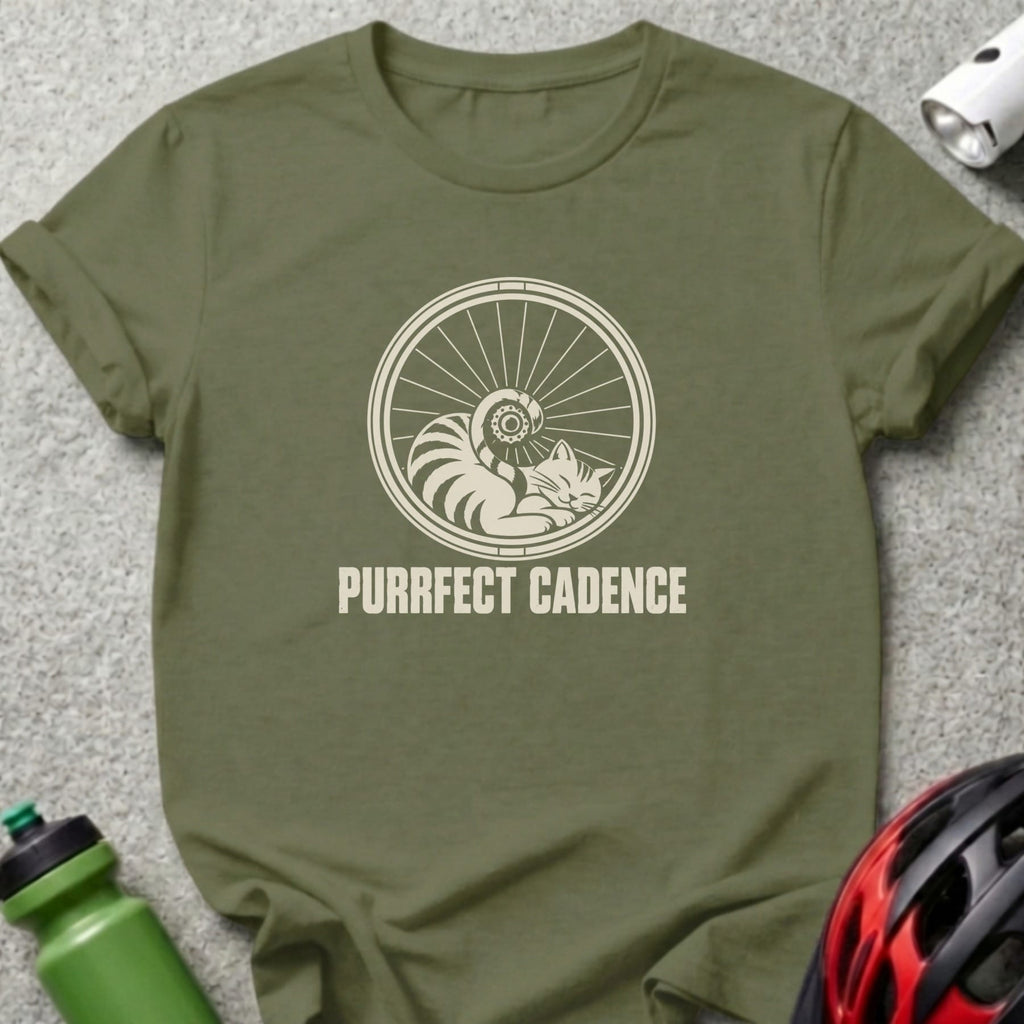 An olive green t-shirt featuring a bicycle wheel and cat graphic with the text Purrfect Cadence.