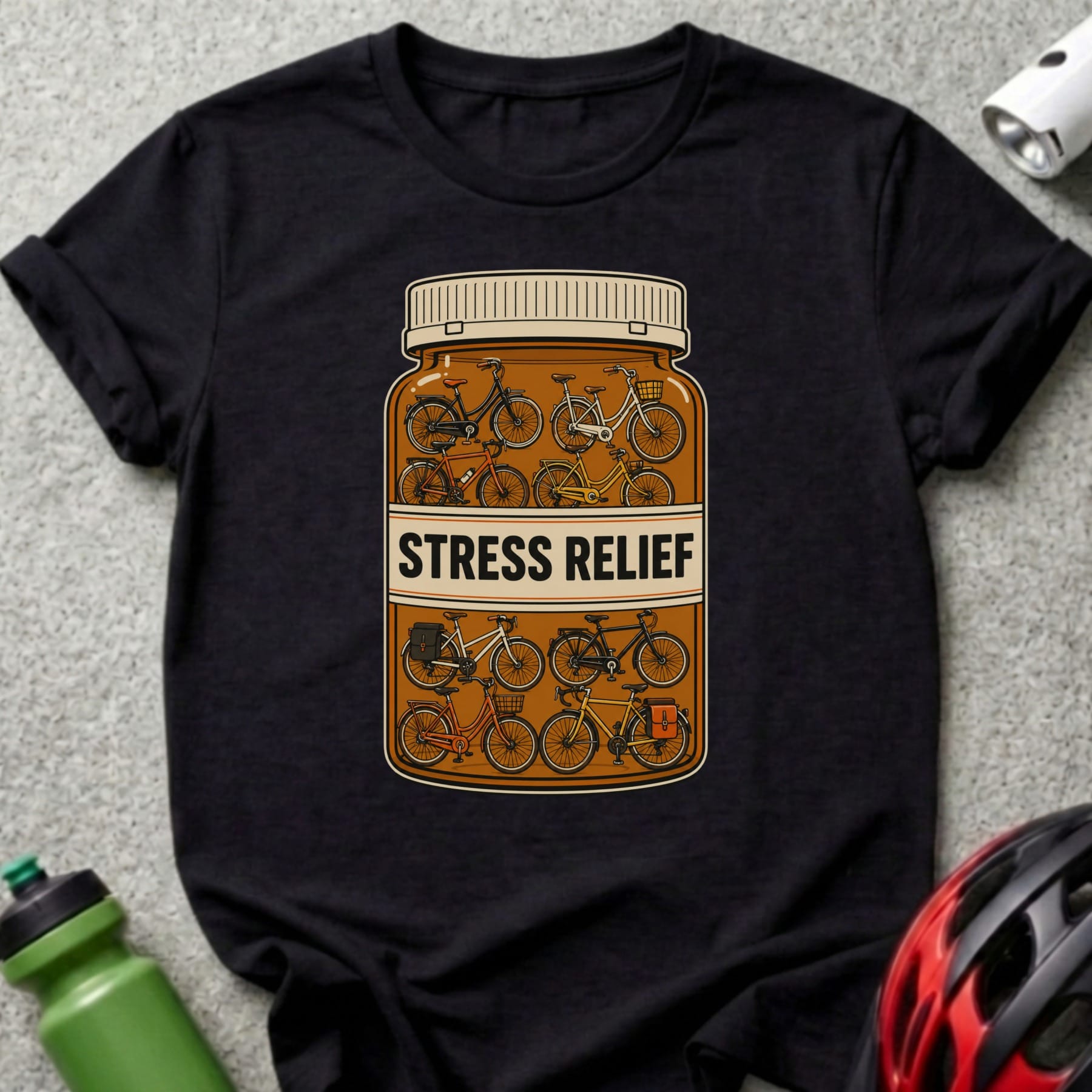 T-shirt with a graphic of a pill bottle filled with bicycles labeled "Stress Relief".
