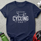 Navy t-shirt with "Awesome Cycling Dad" graphic and bicycle outline.