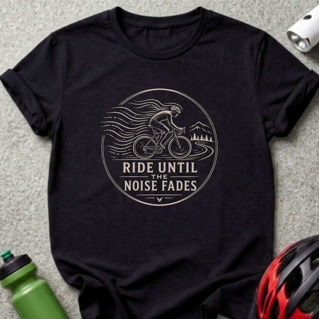 Black t-shirt with circular graphic of cyclist and text "Ride Until The Noise Fades".