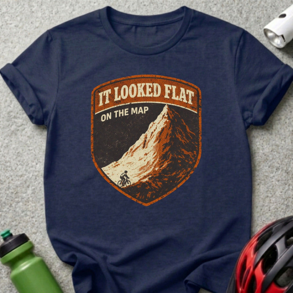 Dark navy t-shirt with distressed patch graphic of a mountain cyclist and text.