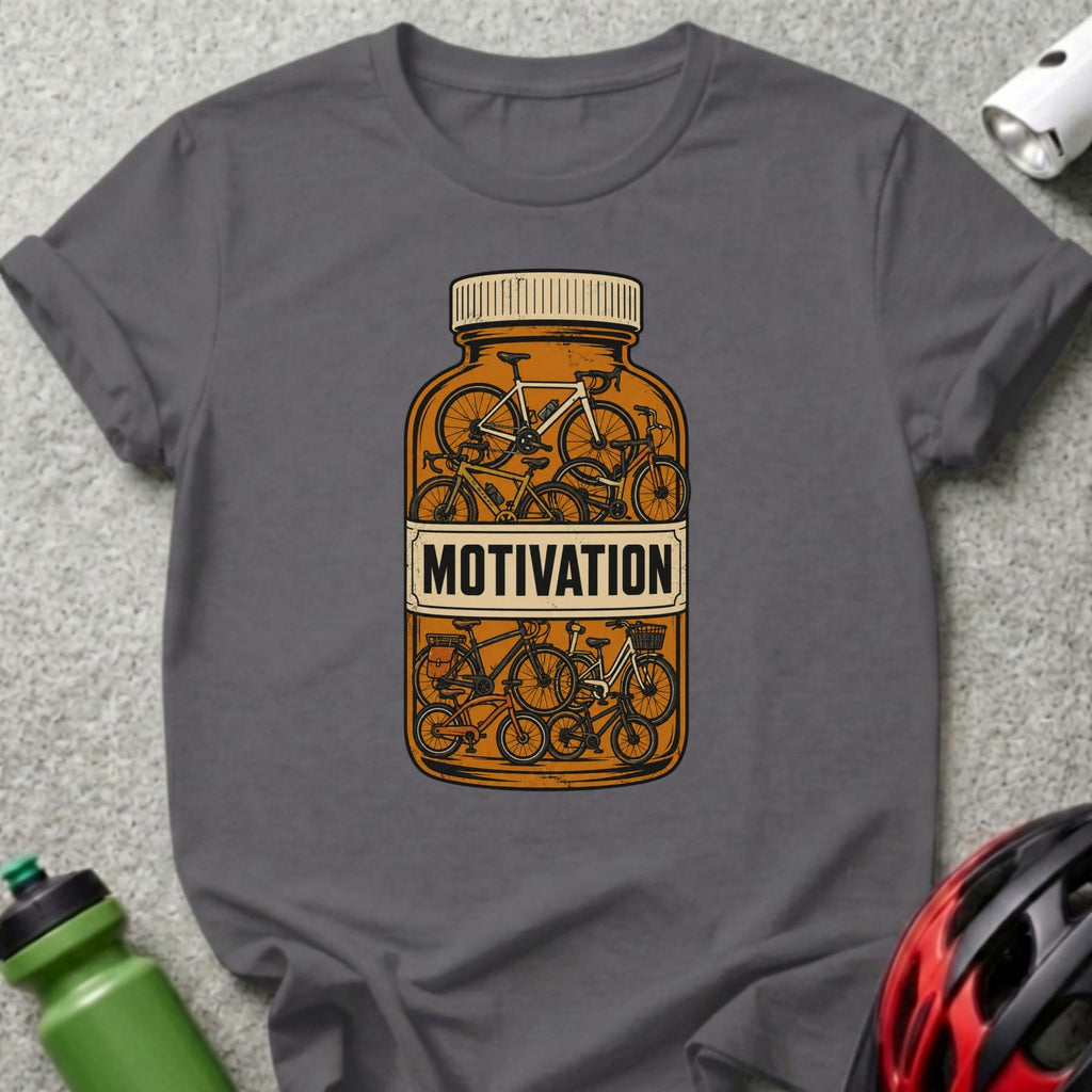 T-shirt featuring a pill bottle filled with bicycles and the word "MOTIVATION".