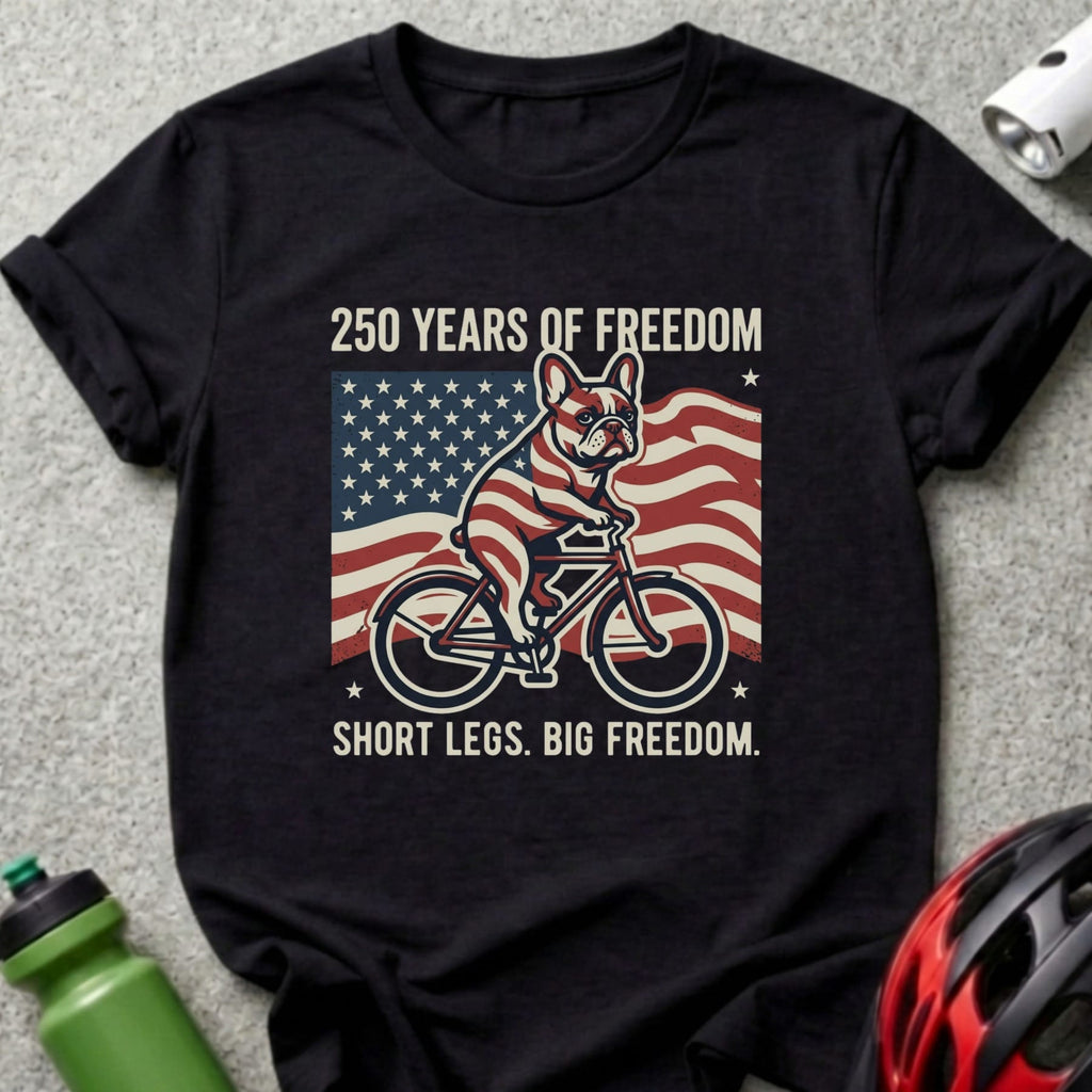 French bulldog on bicycle with American flag and text "250 Years of Freedom. Short Legs. Big Freedom."