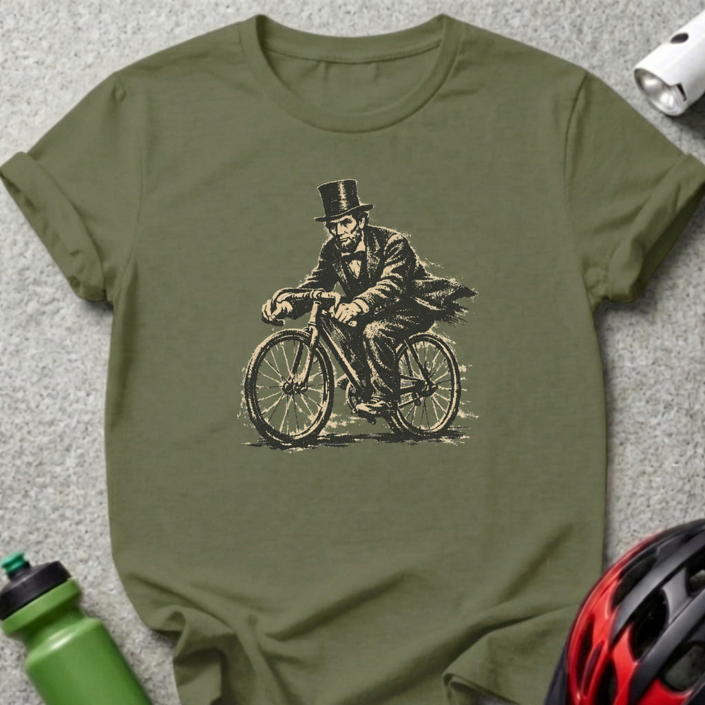 Abraham Lincoln wearing a top hat rides a bicycle.