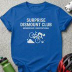 Blue t-shirt with "Surprise Dismount Club Membership: Unintentional" and a biking graphic.