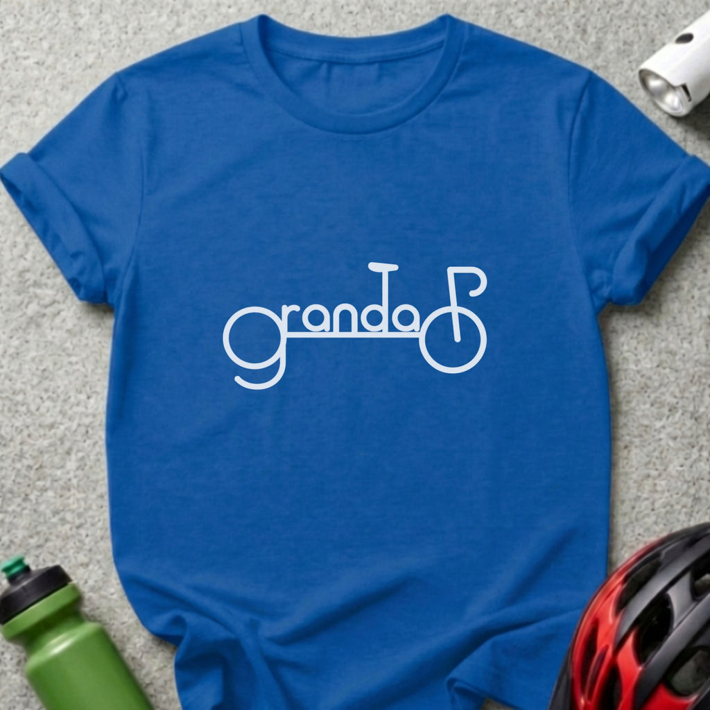 Royal blue t-shirt featuring the word grandad in white text styled as a bicycle.