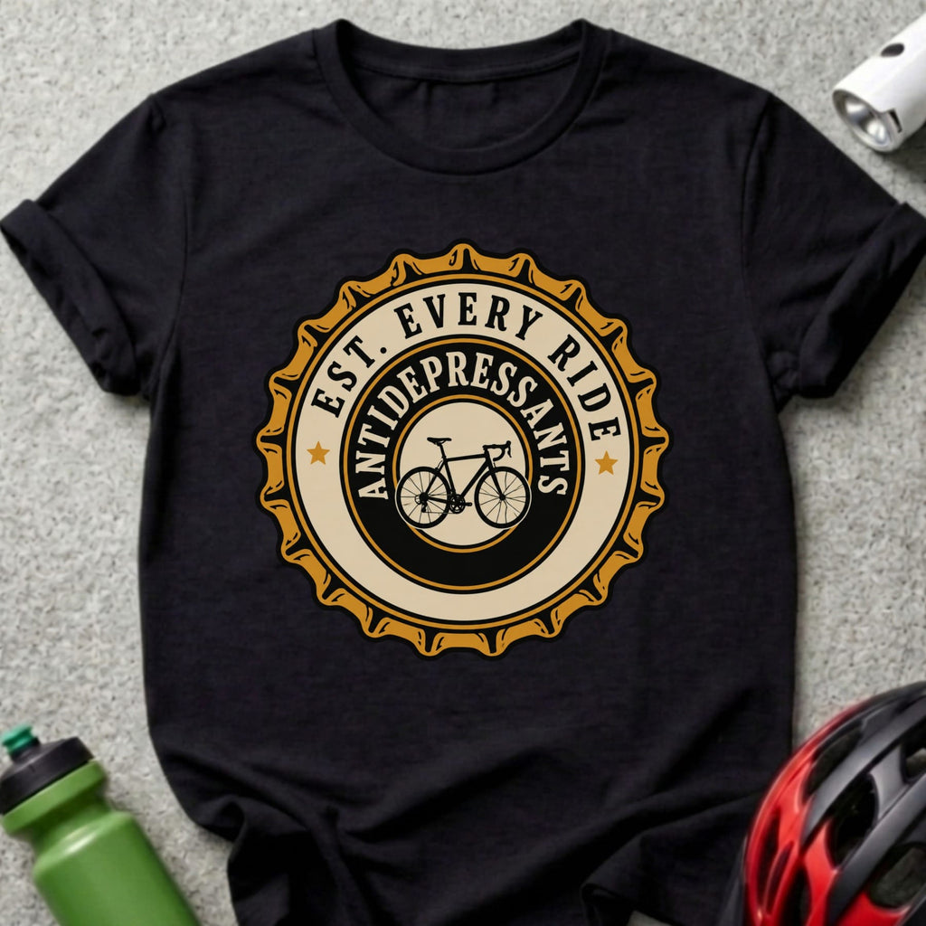 Black t-shirt with "Est. Every Ride Antidepressants" circular graphic and bicycle.