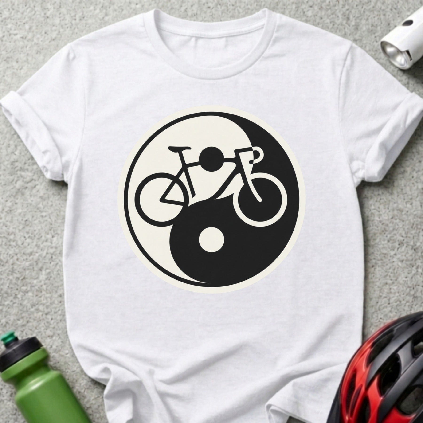Yin Yang Bike Graphic Print on White T-Shirt