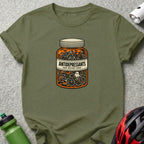 T-shirt with bottle graphic: "Antidepressants Take Before Dark" and bicycles.
