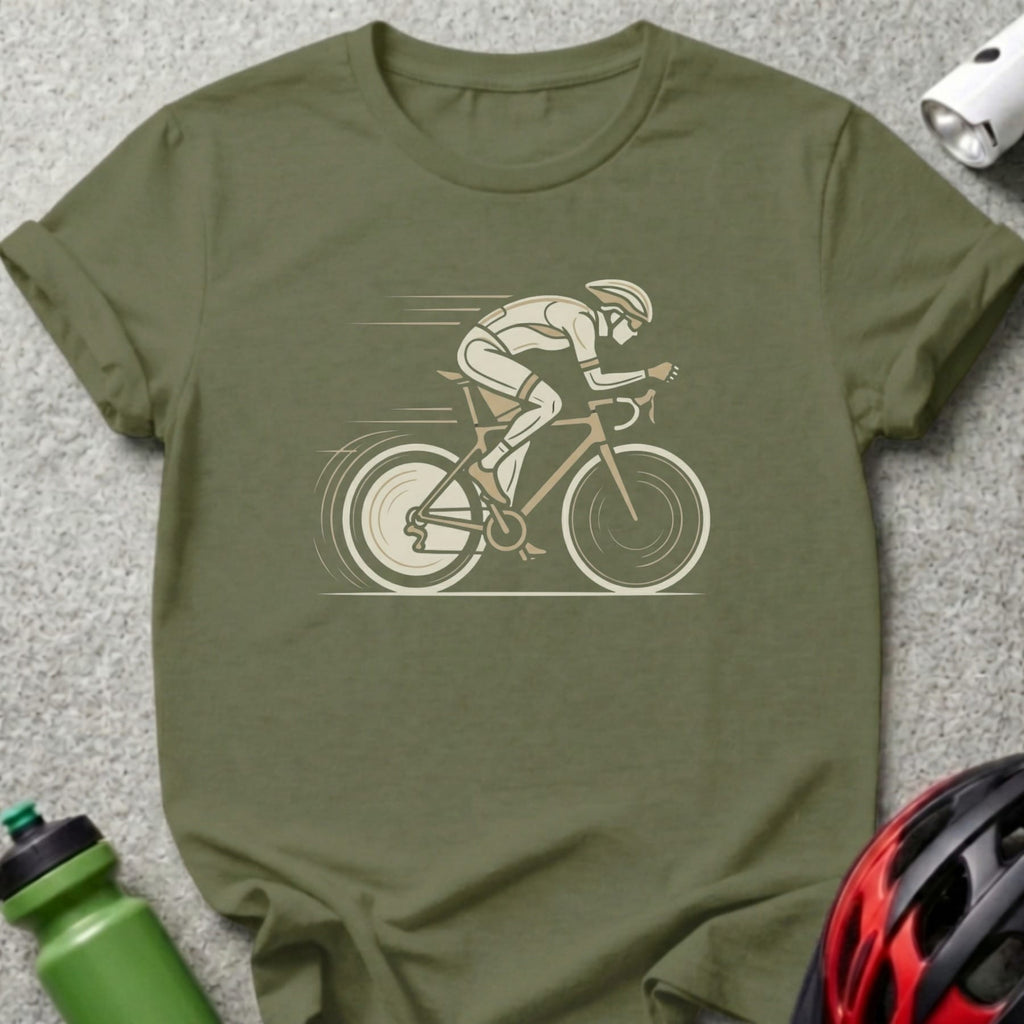 Cyclist in motion on a racing bike, illustration on olive green t-shirt.