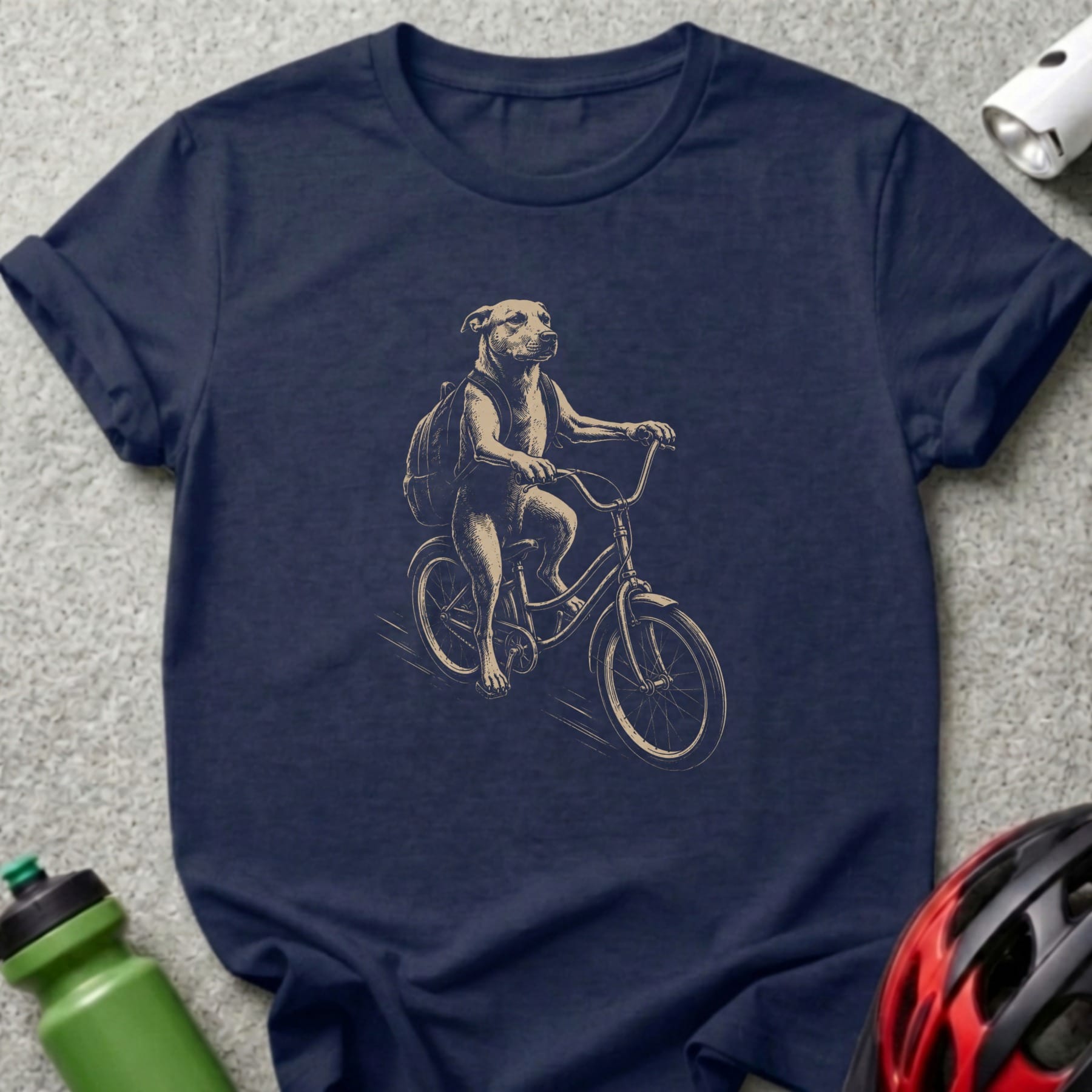 Dog with backpack riding a bicycle, vintage illustration on navy t-shirt.