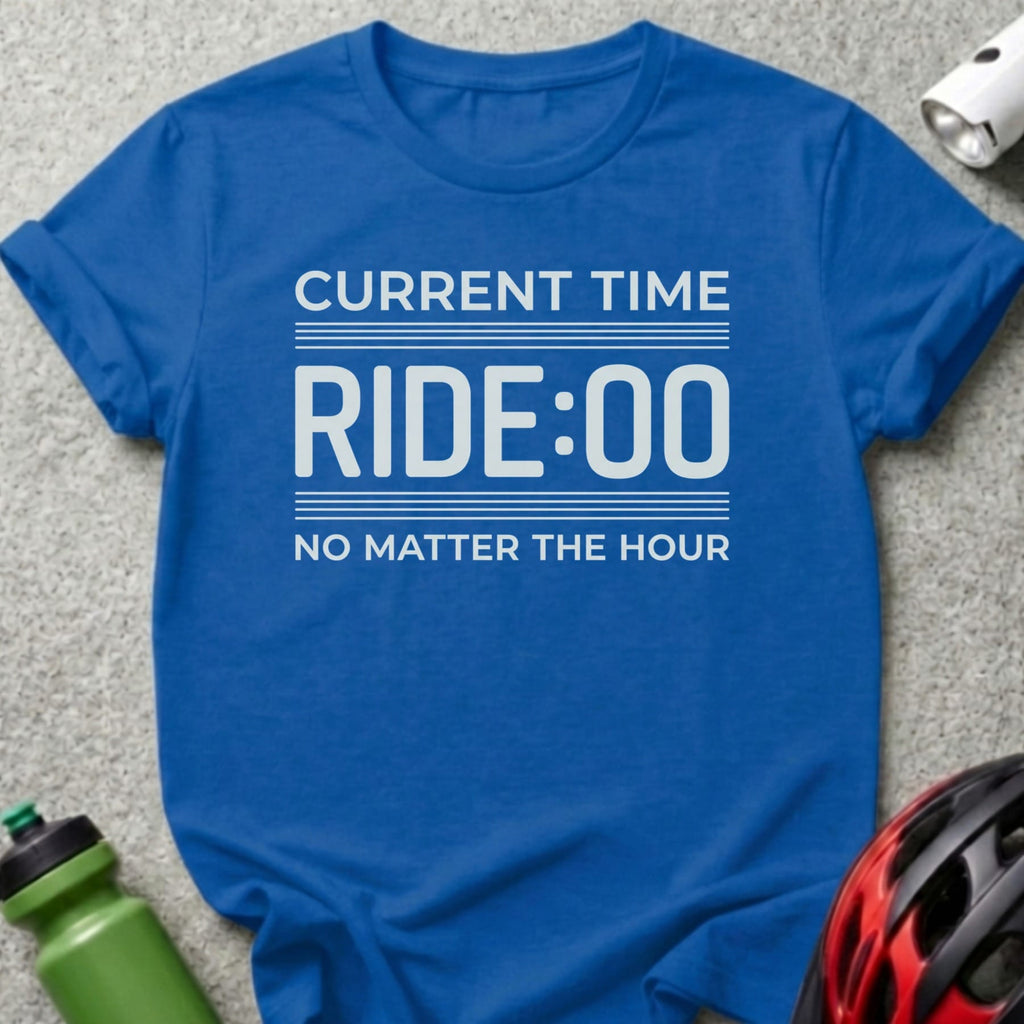 Blue t-shirt with "CURRENT TIME RIDE:00 NO MATTER THE HOUR" text.