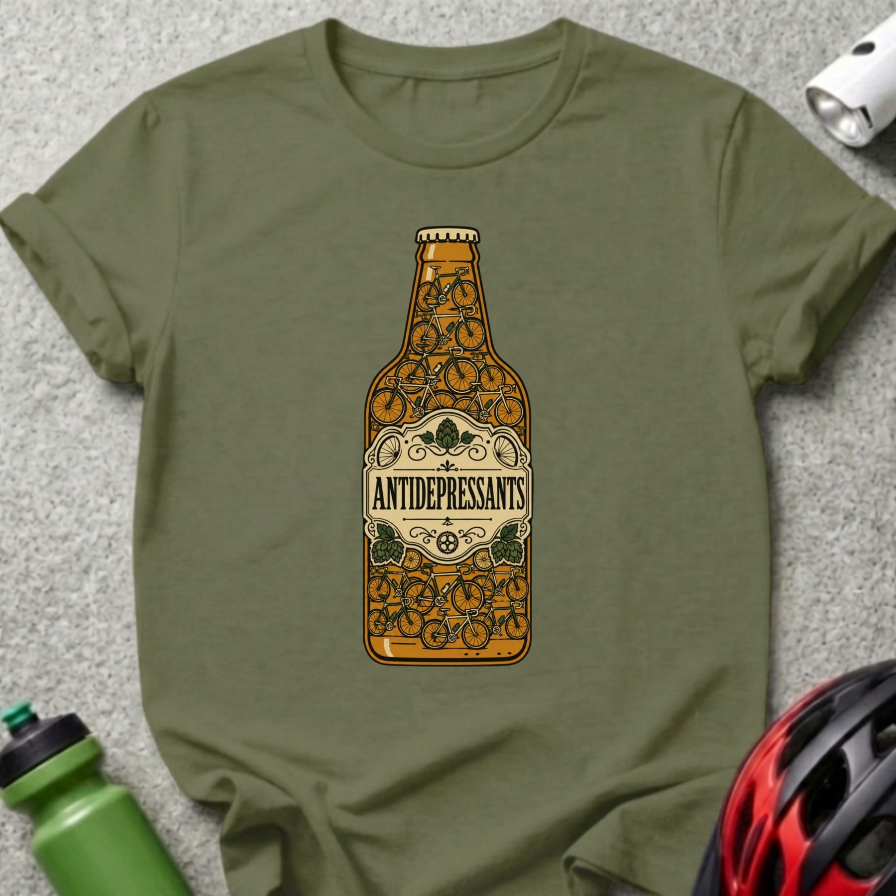Olive green t-shirt featuring a bottle filled with bicycles, labeled "ANTIDEPRESSANTS".