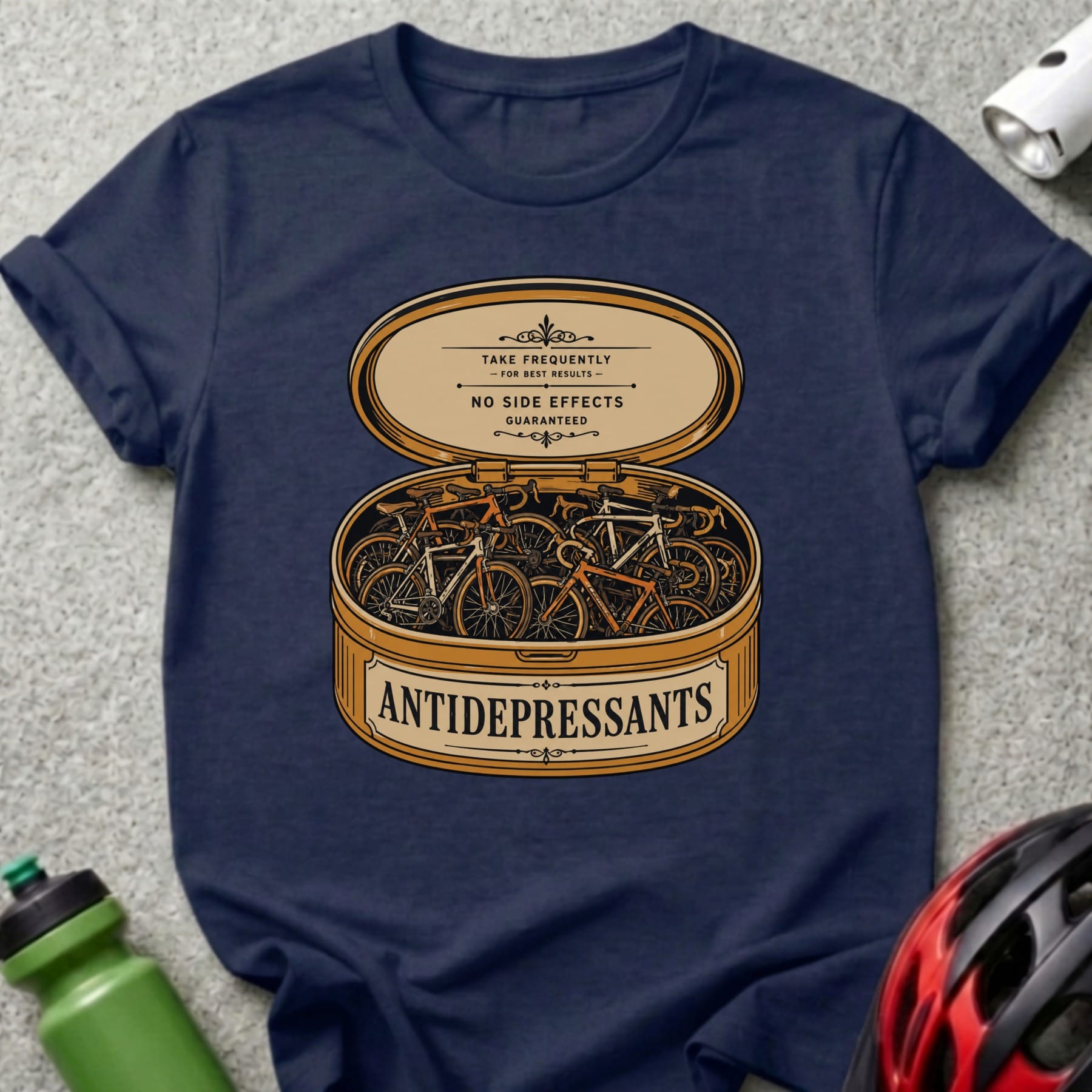 A tin of bicycles labeled "ANTIDEPRESSANTS" and "NO SIDE EFFECTS GUARANTEED."
