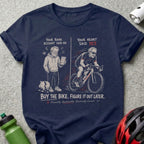 Illustration of a person cycling, contrasting bank account with heart's desires.