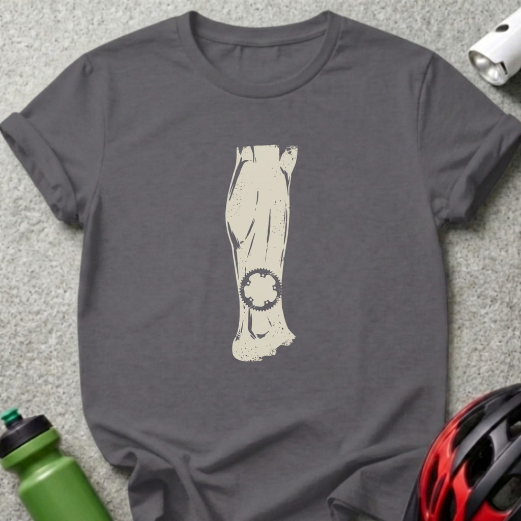 Dark gray t-shirt with a vintage bicycle chainring graphic on the forearm.