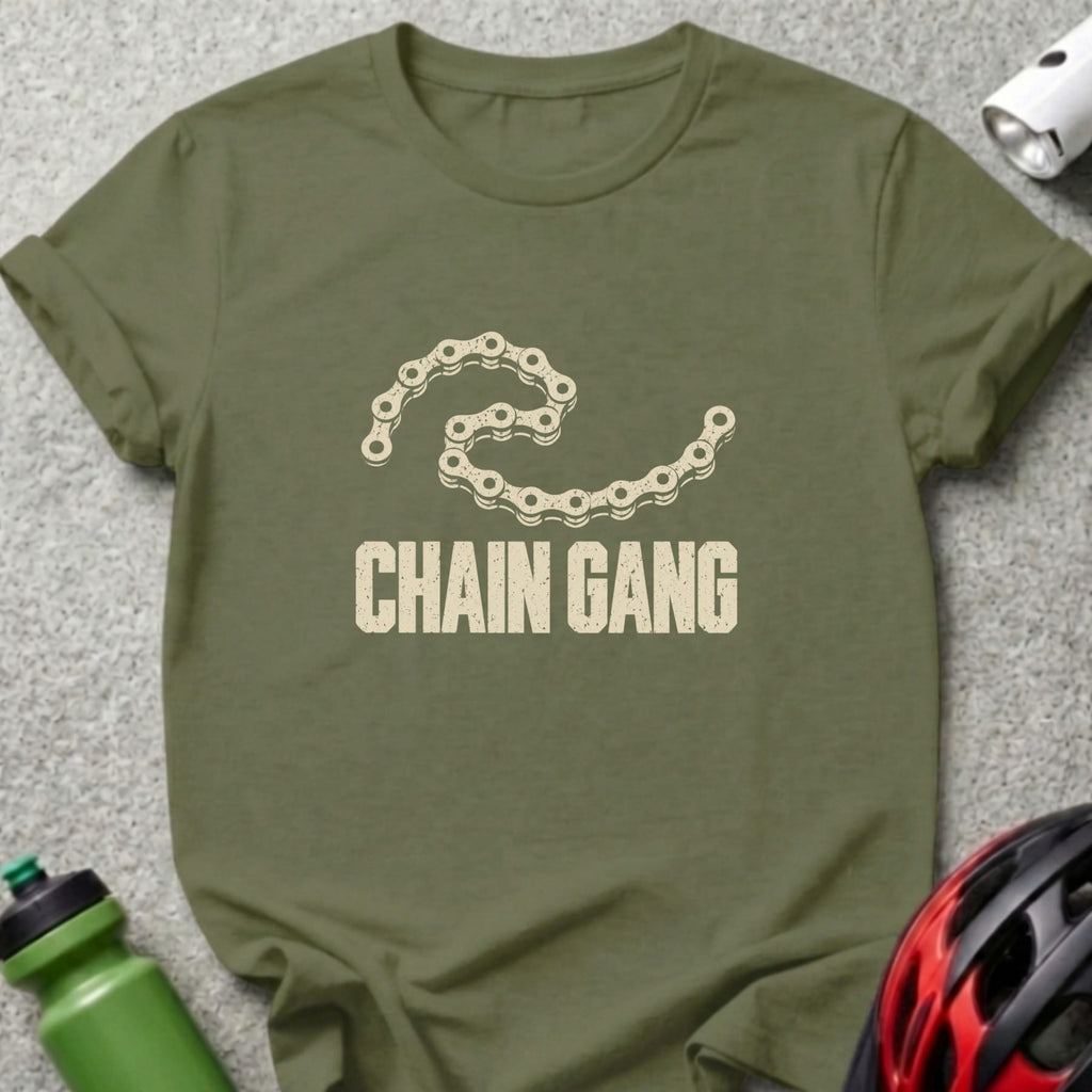 Olive green short-sleeved t-shirt featuring a bicycle chain graphic and the text Chain Gang.