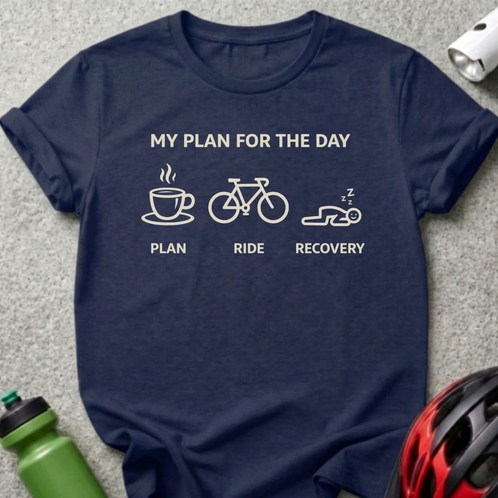 Navy t-shirt with "My Plan for the Day" text and icons for coffee, bike, and sleep.