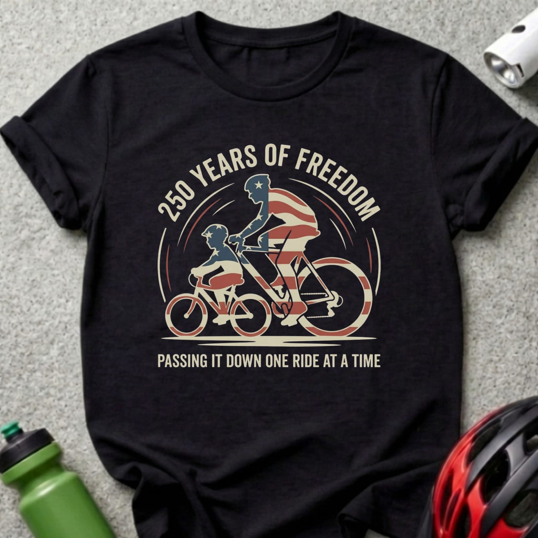 T-shirt with "250 Years of Freedom" and patriotic cyclists graphic.