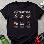 Black t-shirt with bicycle-themed "What's On My Mind" graphic and text.