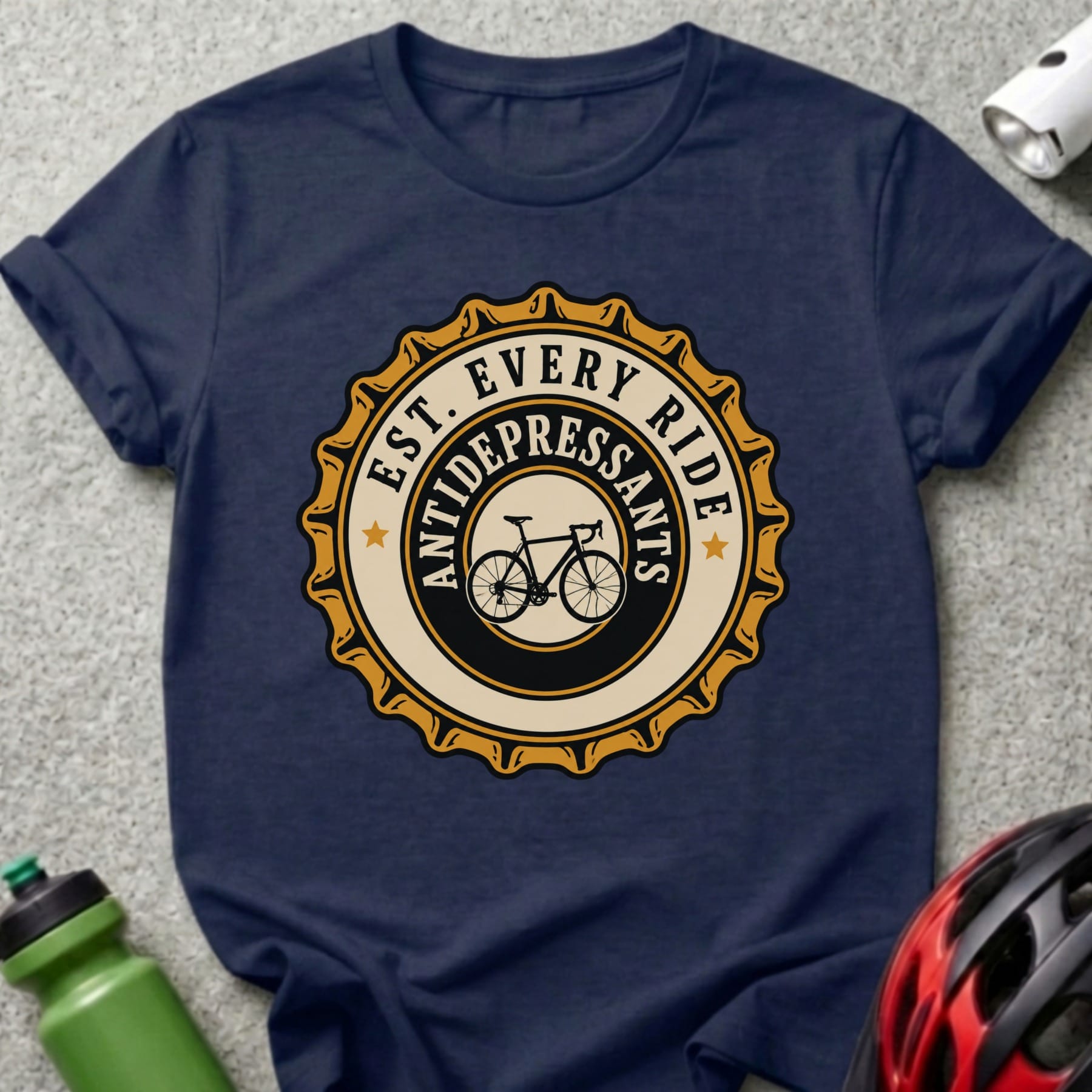Navy t-shirt with circular "Est. Every Ride Antidepressants" bicycle graphic.
