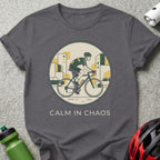 Cyclist in urban scene with "CALM IN CHAOS" text.