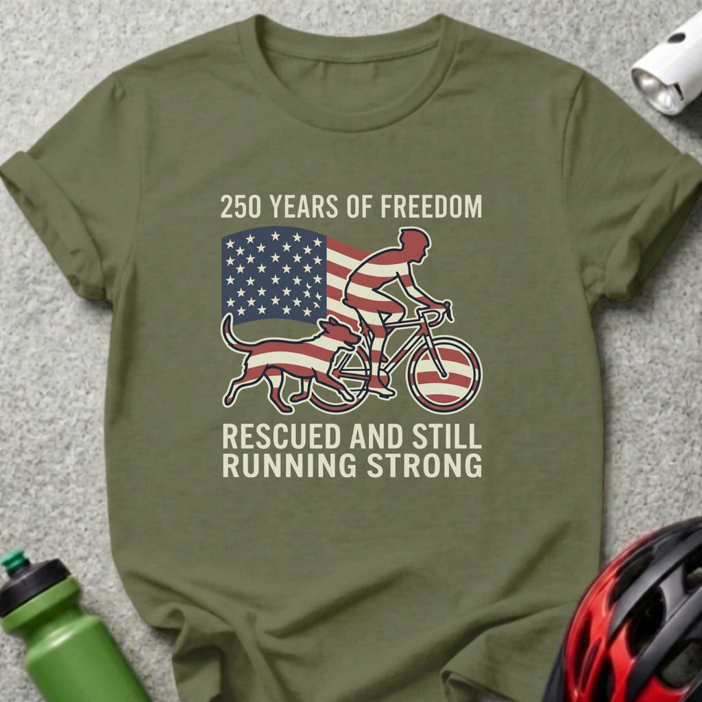 T-shirt with cyclist, dog, American flag, and text "250 YEARS OF FREEDOM".