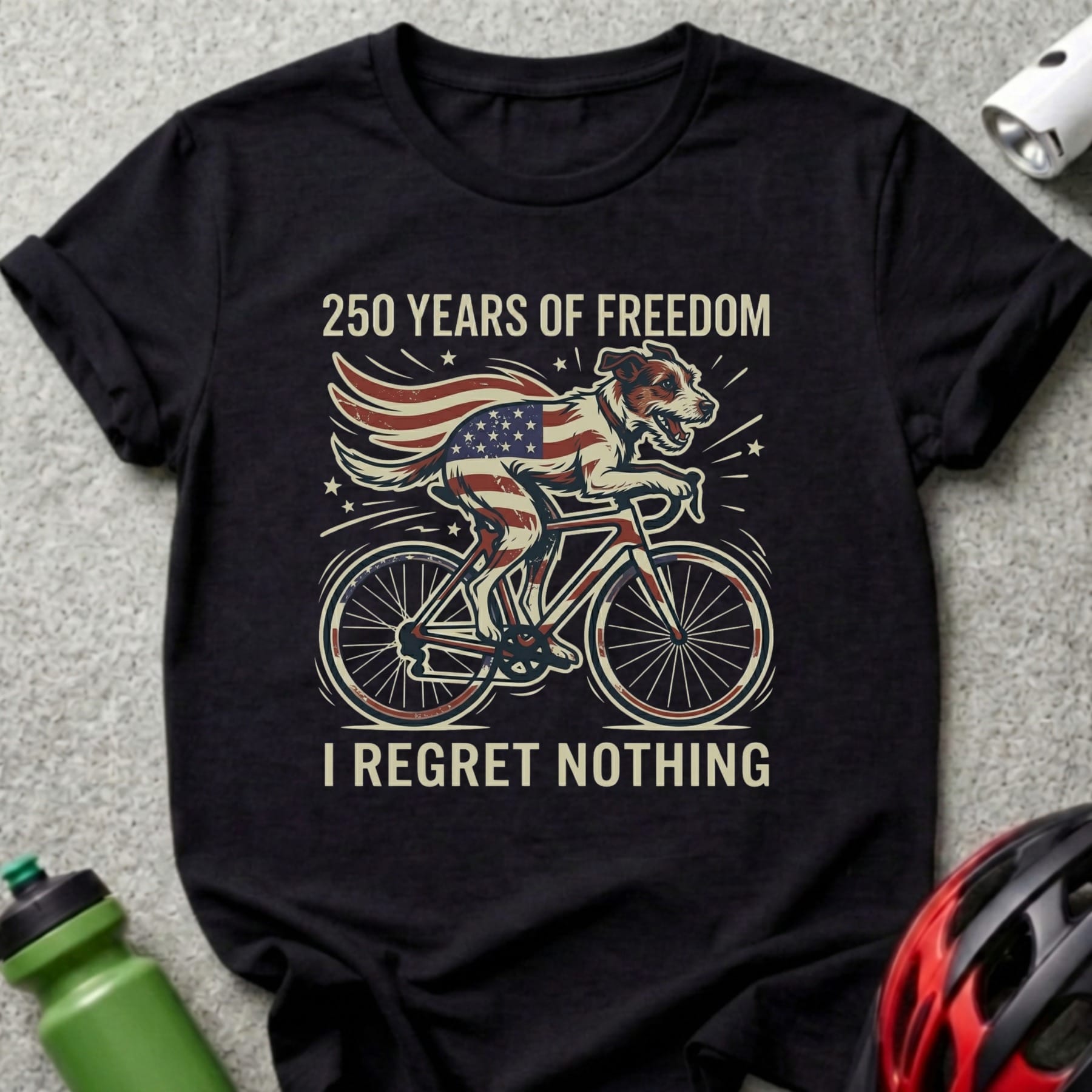 Dog on a bicycle with American flag wings and "250 Years of Freedom" text.