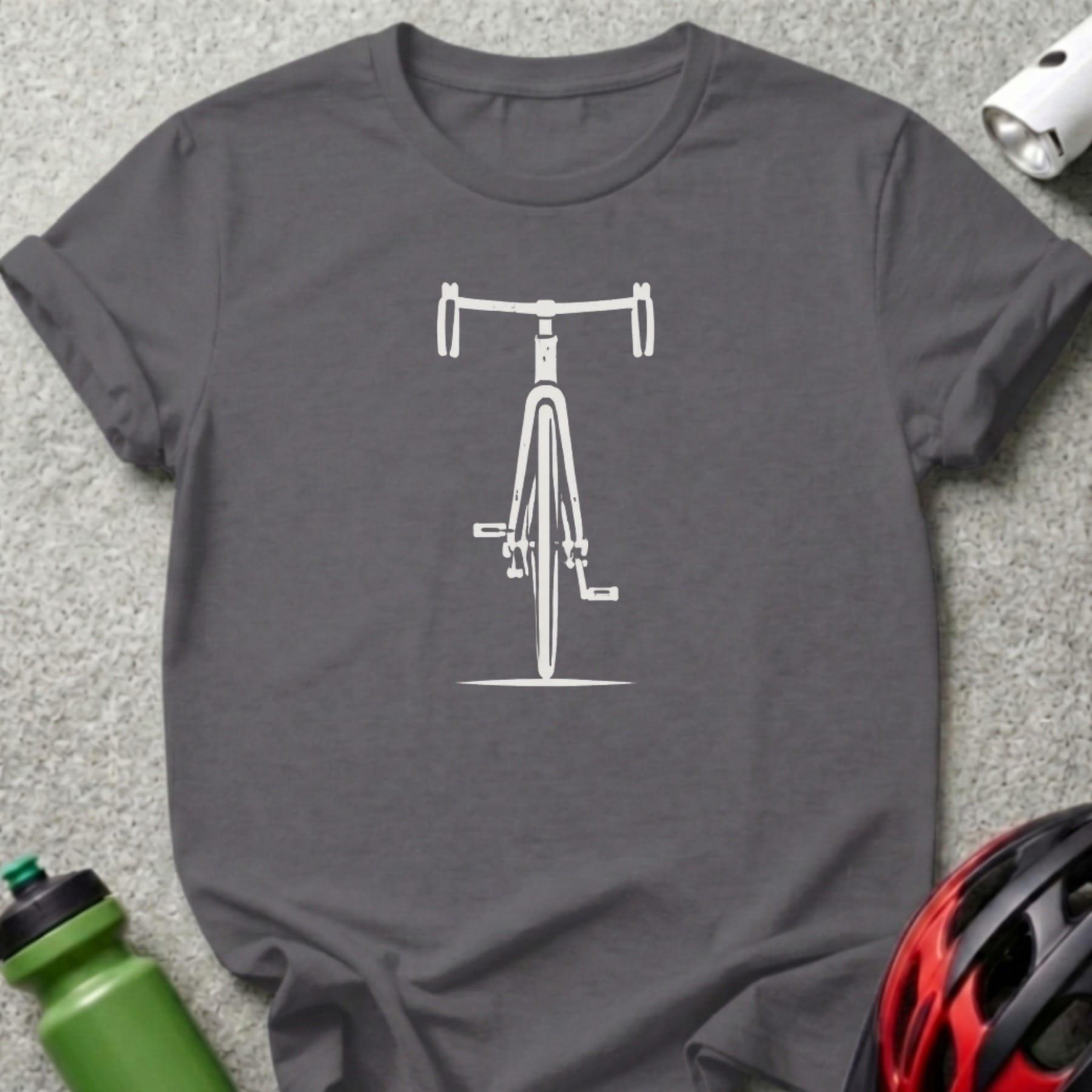 Dark grey t-shirt with a white bicycle front view graphic.