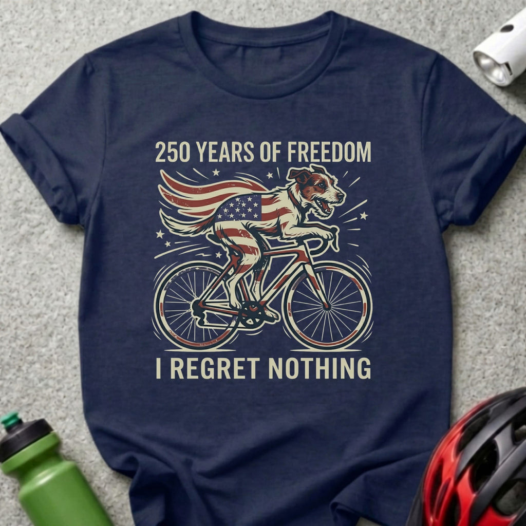 Dog in American flag cape rides bicycle, "250 Years of Freedom I Regret Nothing."