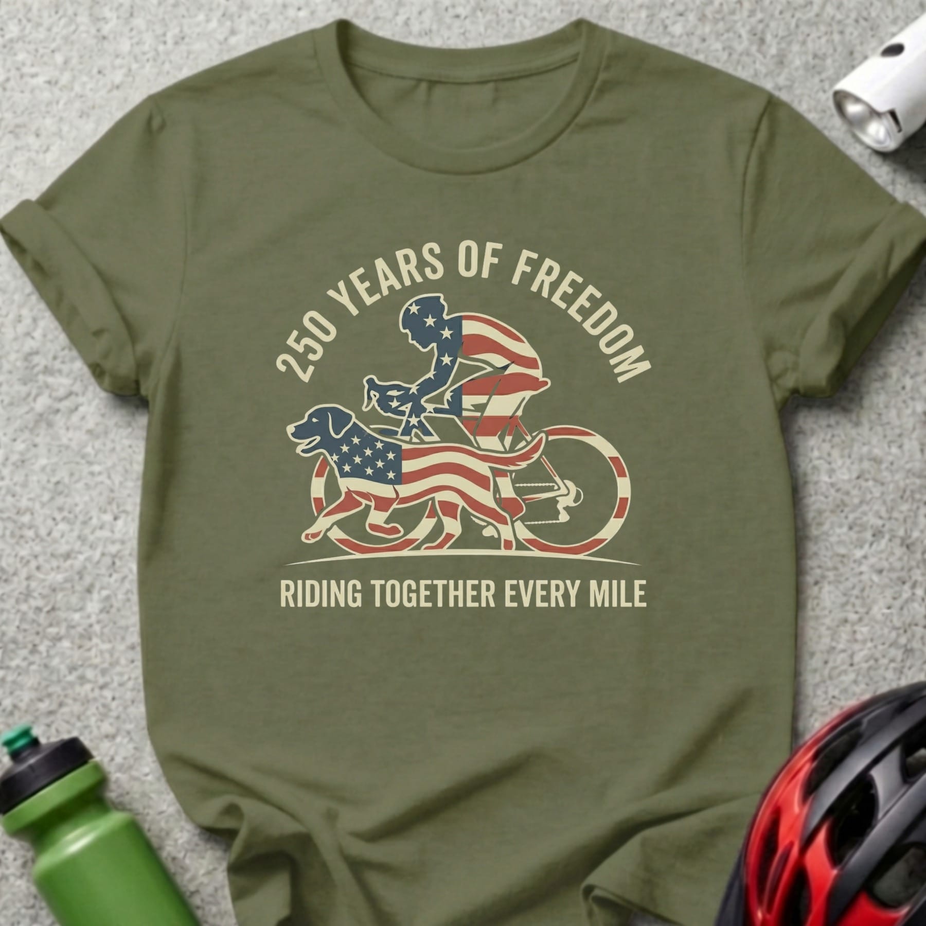 Green t-shirt with graphic of cyclist and dog, "250 Years of Freedom" and "Riding Together Every Mile".